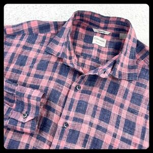 Culturata Tailored 100% Linen Shirt Men's Large Red Blue Plaid Long Sleeve Italy